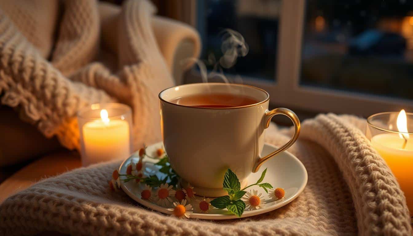 A steaming cup of tea placed on a cozy blanket near lit candles and a window.