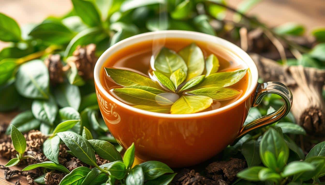 A steaming cup of herbal tea adorned with fresh leaves sits among green foliage.