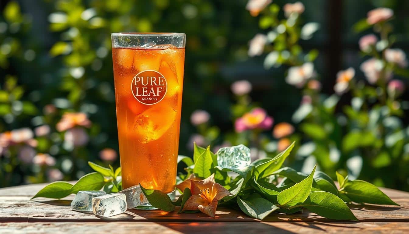 A glass of iced tea sits on a wooden table surrounded by greenery and flowers.