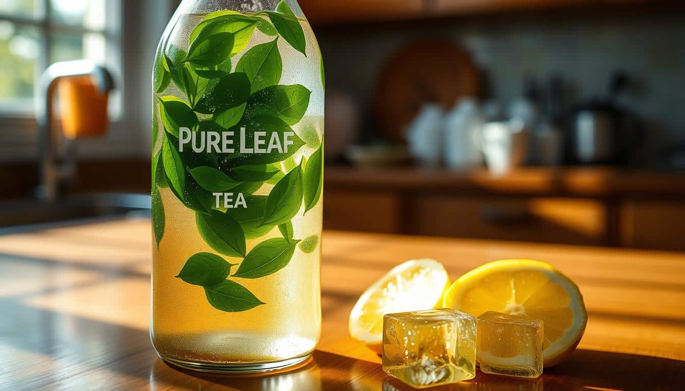 A glass bottle of Pure Leaf tea with fresh leaves, alongside lemon halves and ice cubes on a wooden surface.