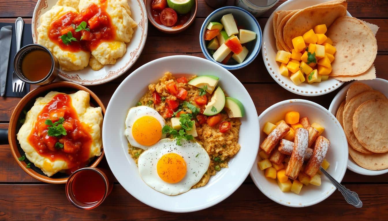 A vibrant breakfast spread featuring scrambled eggs, fruits, tortillas, and sweet pastries on a wooden table.