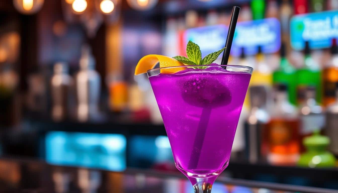 A vibrant purple cocktail garnished with an orange slice and mint is displayed against a blurred bar background.