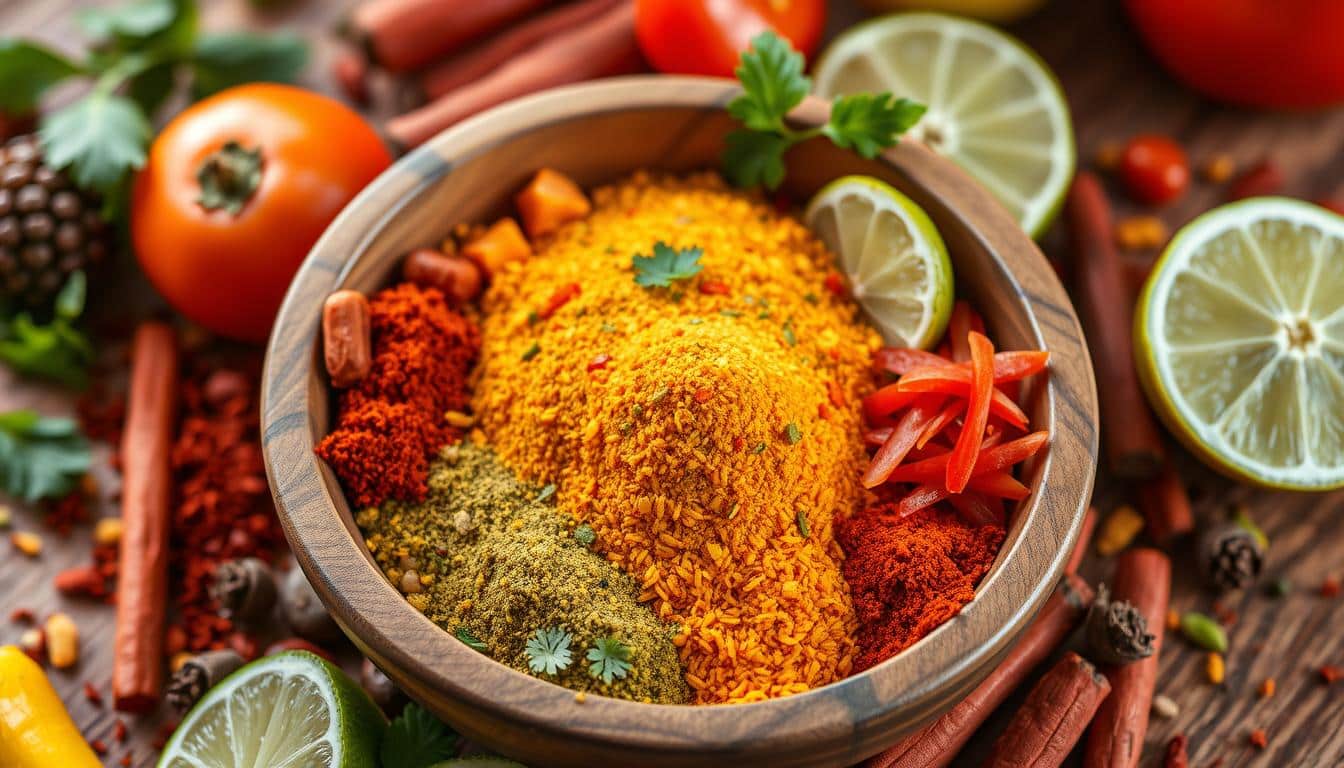 A wooden bowl filled with various spices and fresh ingredients.