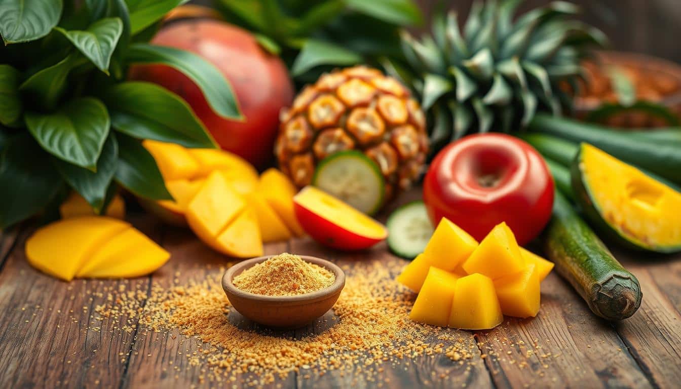 A variety of fresh fruits and vegetables arranged on a wooden table with a bowl of seasoning.