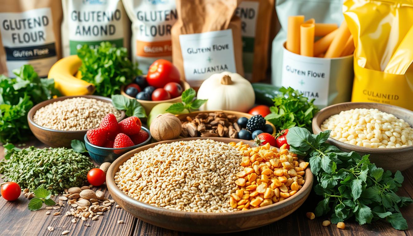 A colorful arrangement of gluten-free ingredients and fresh produce on a wooden table.