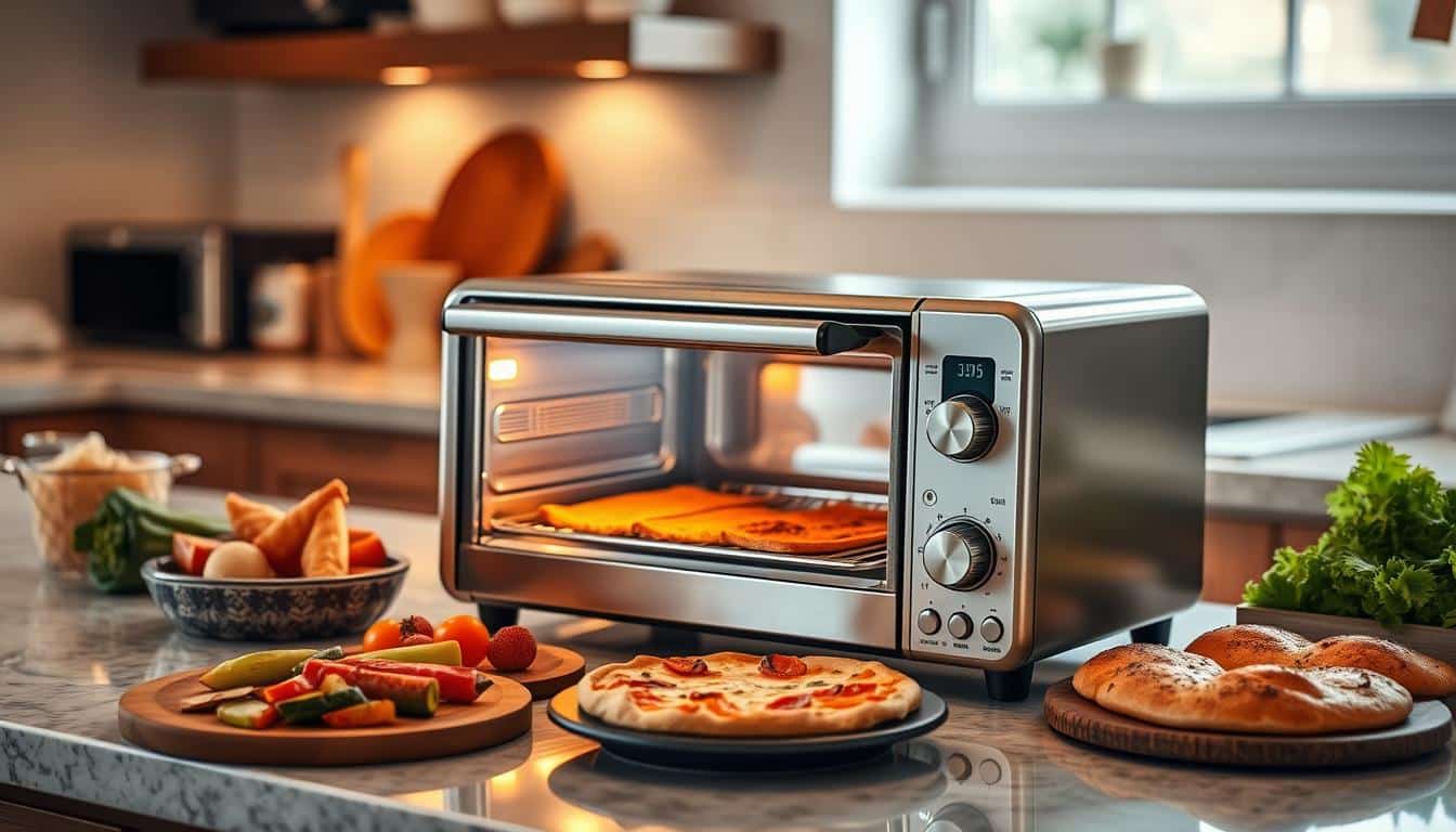 A toaster oven surrounded by various ingredients and dishes on a kitchen countertop.