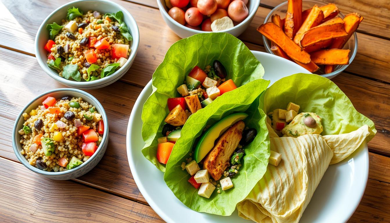 A colorful meal featuring lettuce wraps filled with vegetables and grains, alongside bowls of salad and sweet potato fries.