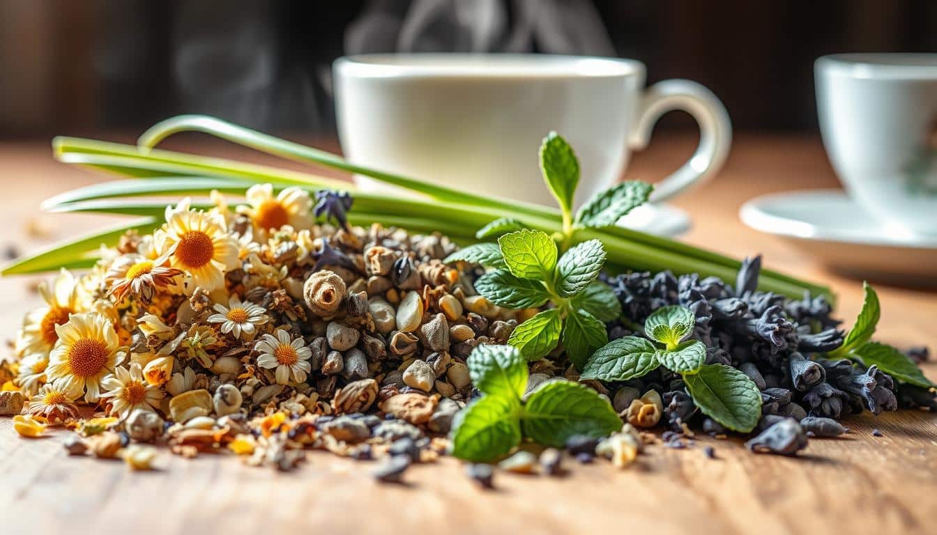 A variety of herbs and dried flowers arranged on a wooden table with cups of tea in the background.