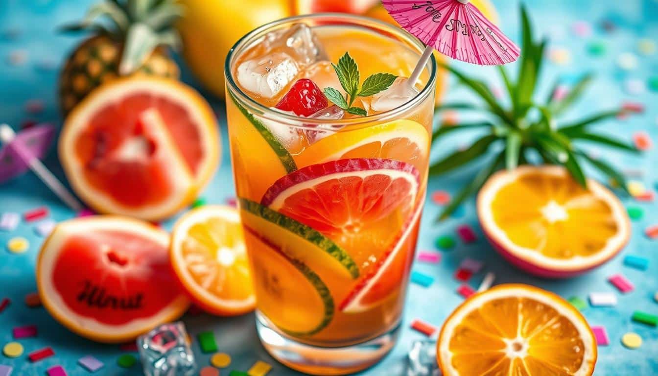 A colorful fruit cocktail garnished with mint and an umbrella sits among vibrant slices of citrus fruits.