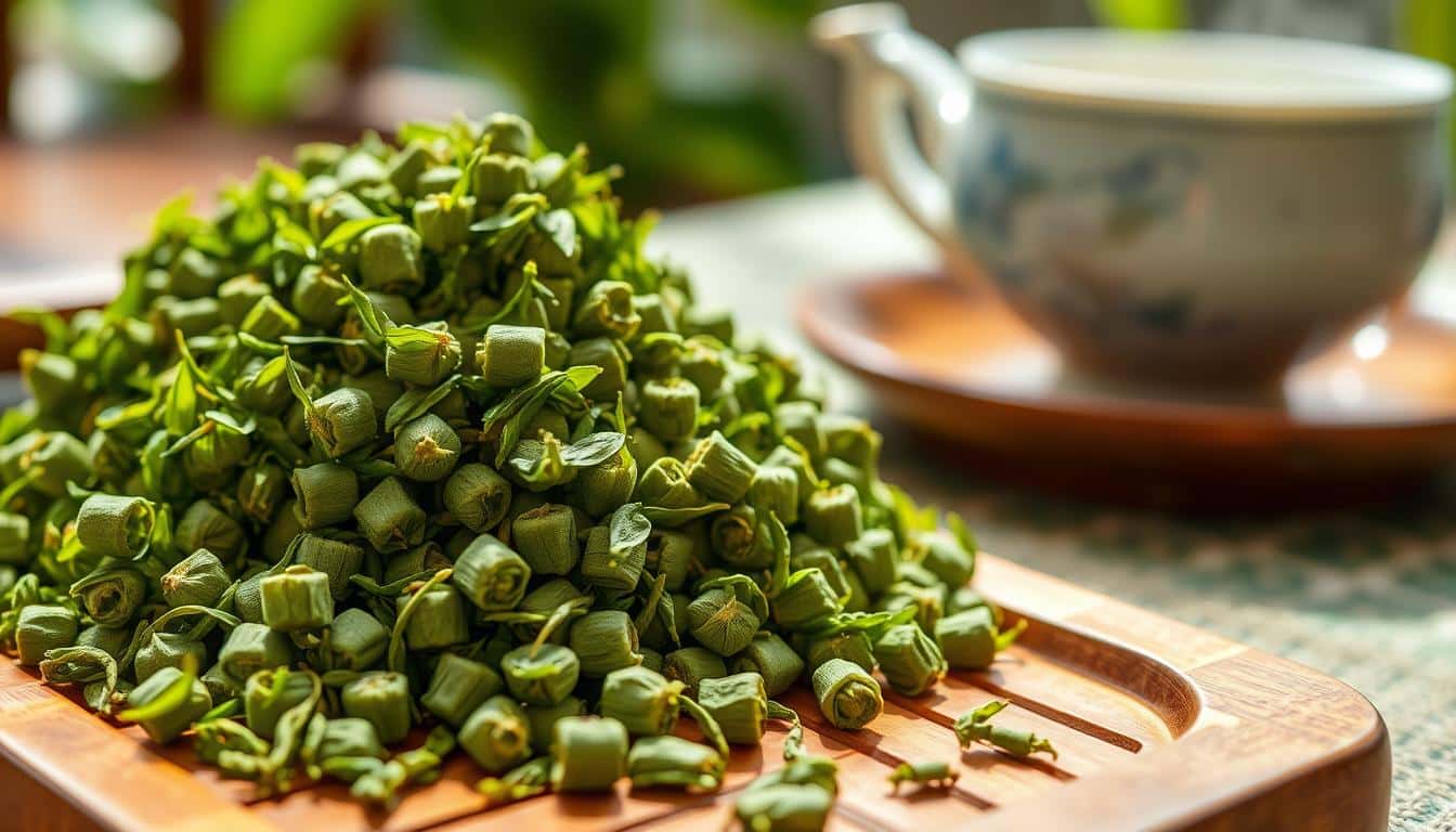 A pile of rolled green tea leaves beside a cup of tea.