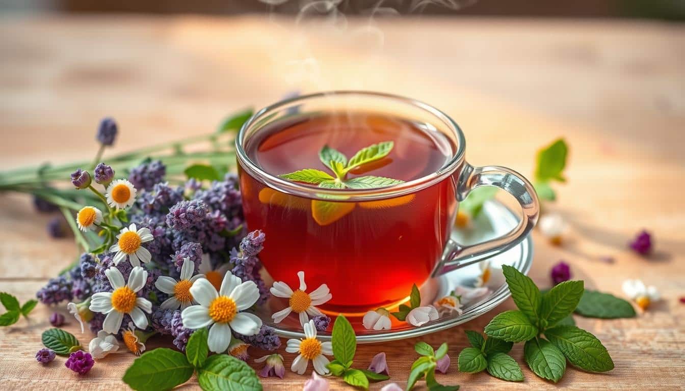 A steaming cup of herbal tea surrounded by fresh flowers on a wooden surface.