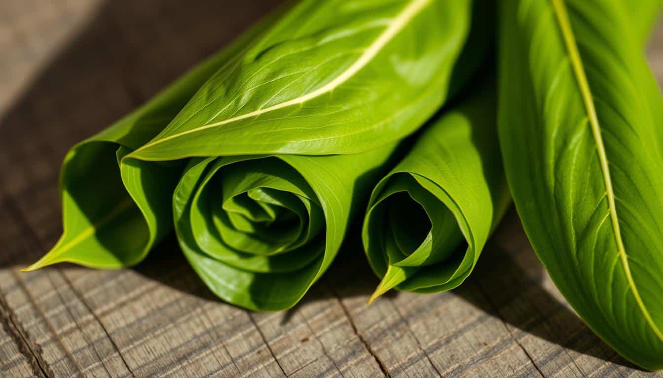 A close-up of rolled green leaves on a rustic wooden surface.