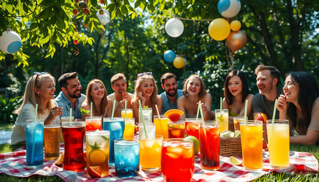 A cheerful group of people enjoying colorful drinks at an outdoor gathering on a sunny day.