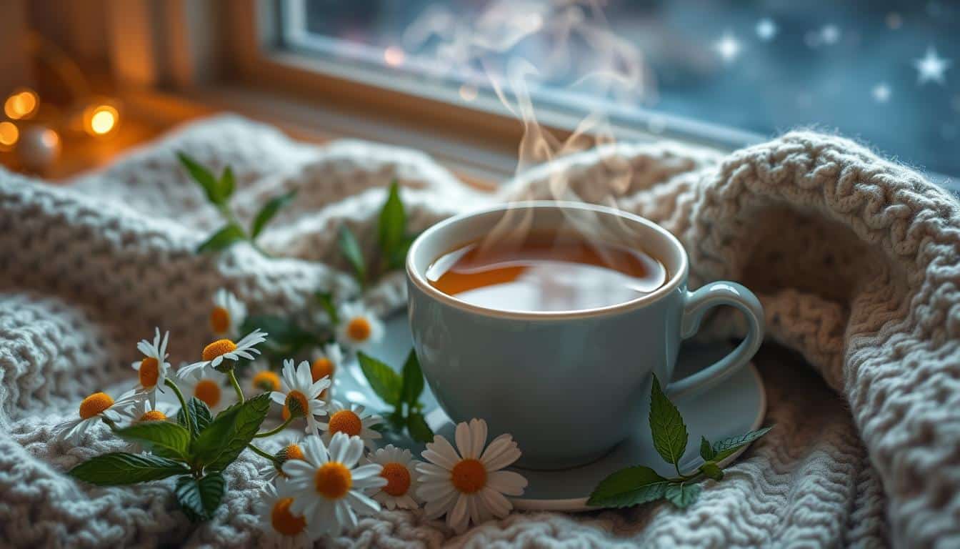 A steaming cup of tea surrounded by flowers on a cozy blanket near a window.