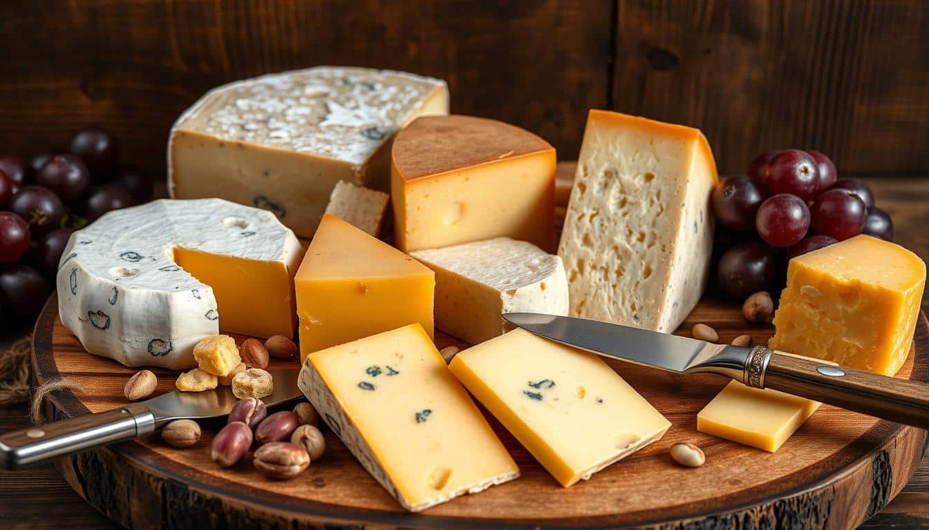 A wooden platter displaying an assortment of cheeses alongside grapes and nuts.