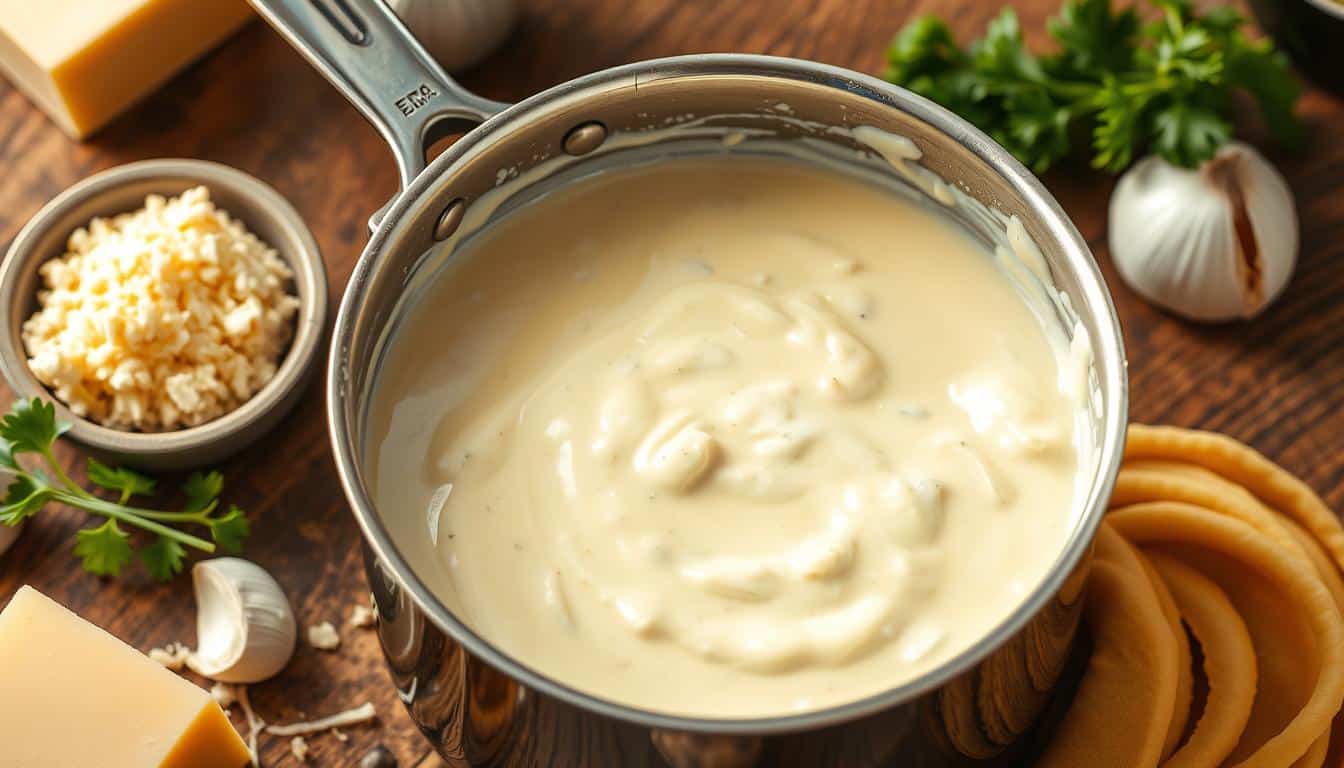 A pot of creamy sauce surrounded by cheese, garlic, and fresh herbs on a wooden surface.