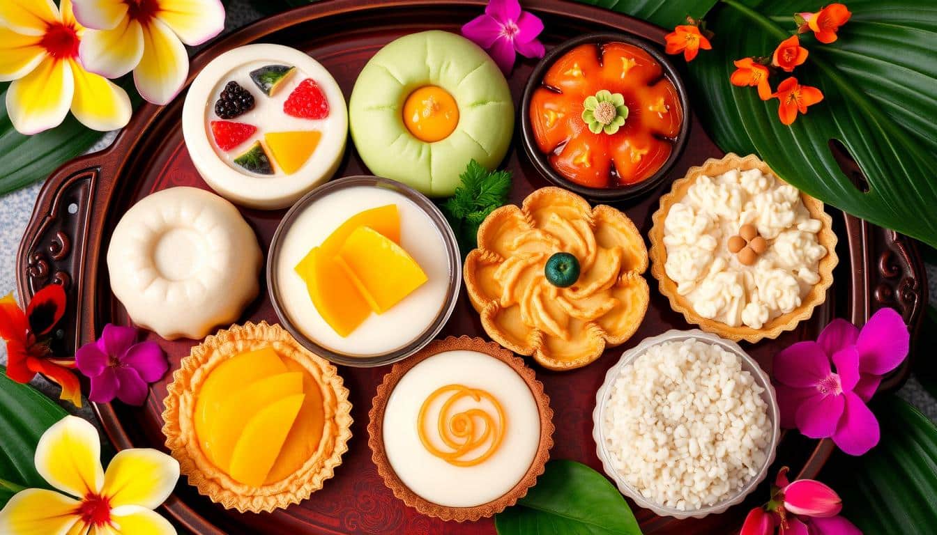 A colorful assortment of Asian desserts arranged on a wooden tray with decorative flowers and leaves.