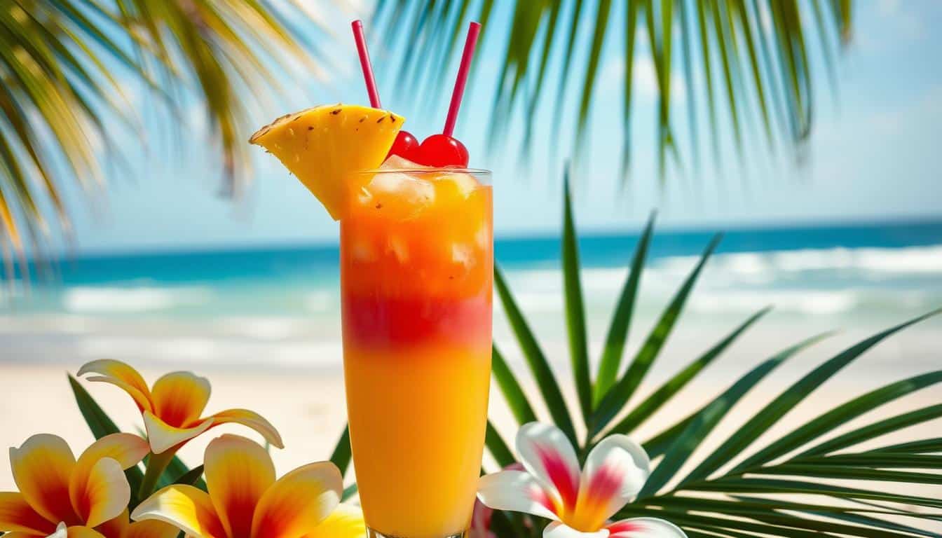 A vibrant tropical drink with a pineapple slice and cherries, set against a beachfront background.