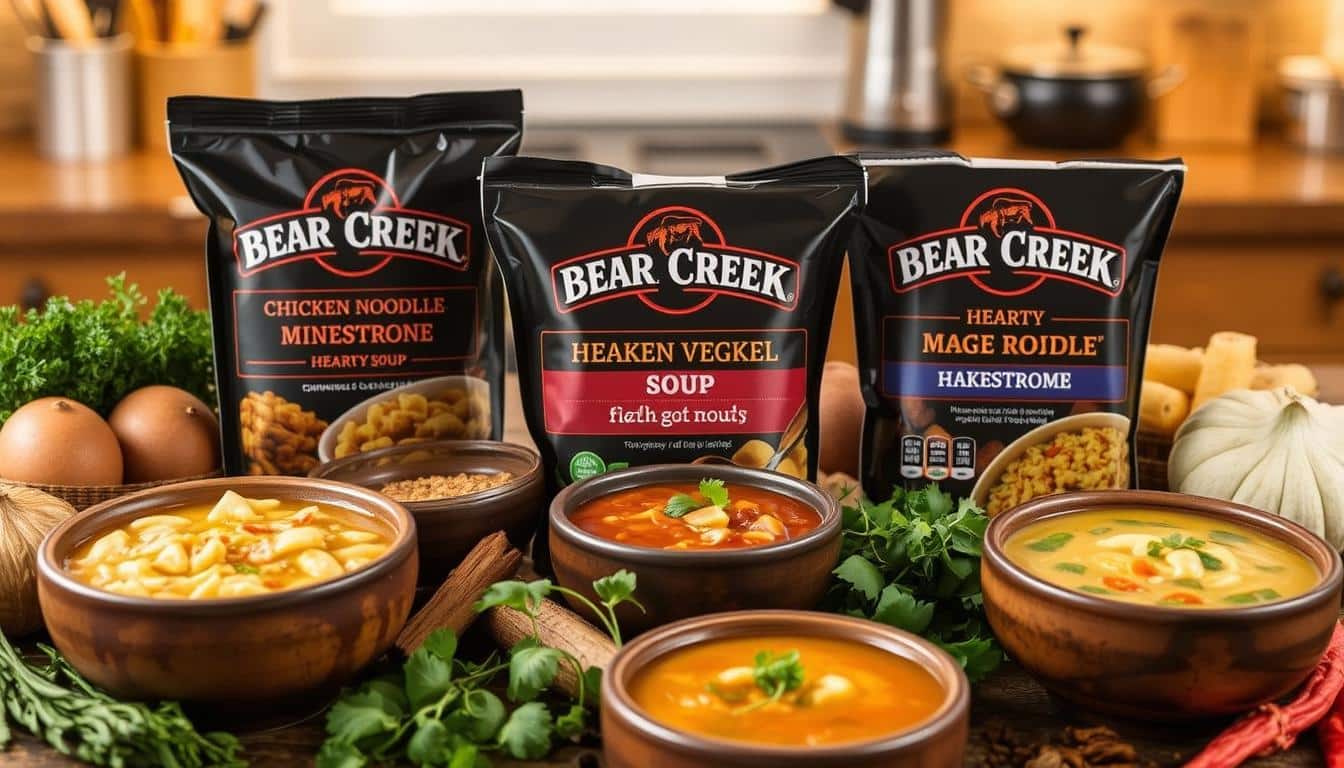 A variety of Bear Creek soup packets displayed alongside three bowls of different soups and fresh ingredients.