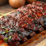 beef back ribs recipe :A beautifully glazed rack of ribs served on a wooden cutting board with a small bowl of sauce.