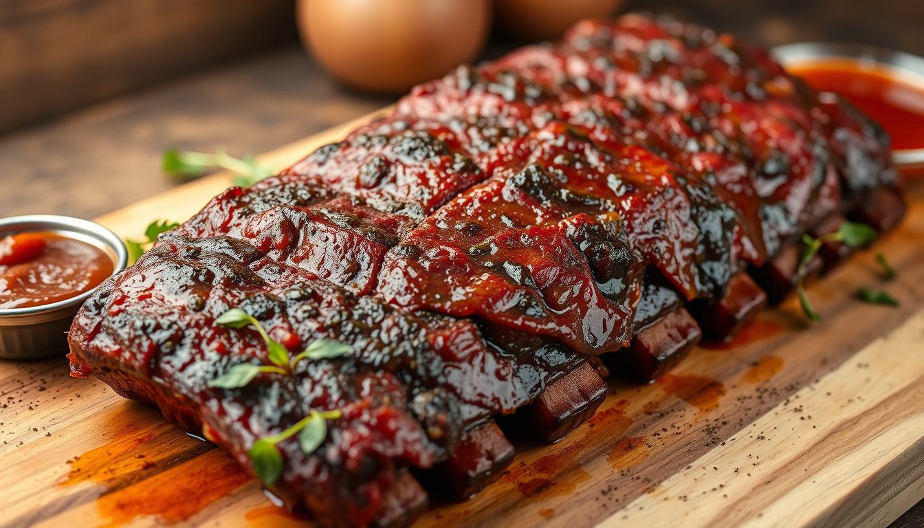 A beautifully glazed rack of ribs served on a wooden cutting board with a small bowl of sauce.