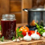 A jar of dark sauce surrounded by fresh vegetables and herbs in a kitchen setting.Beef Bouillon