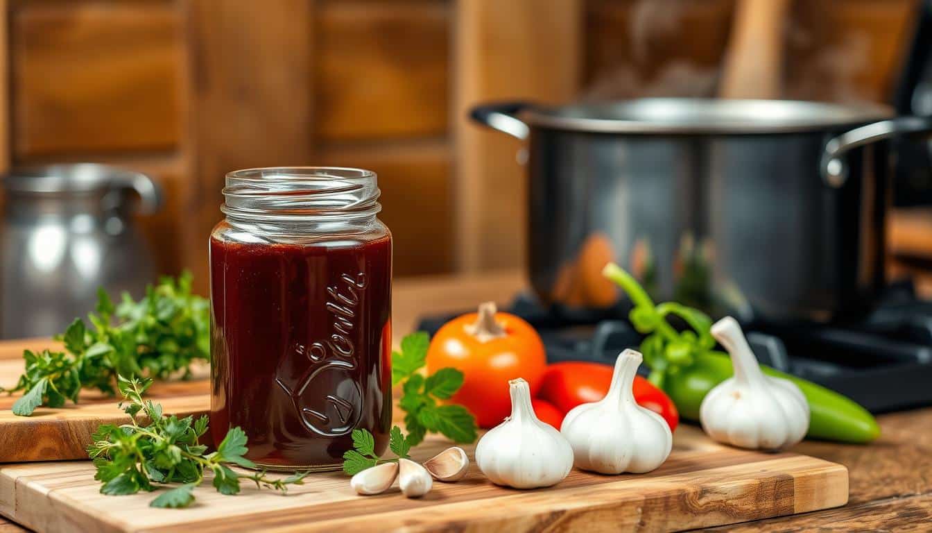 A jar of dark sauce surrounded by fresh vegetables and herbs in a kitchen setting.