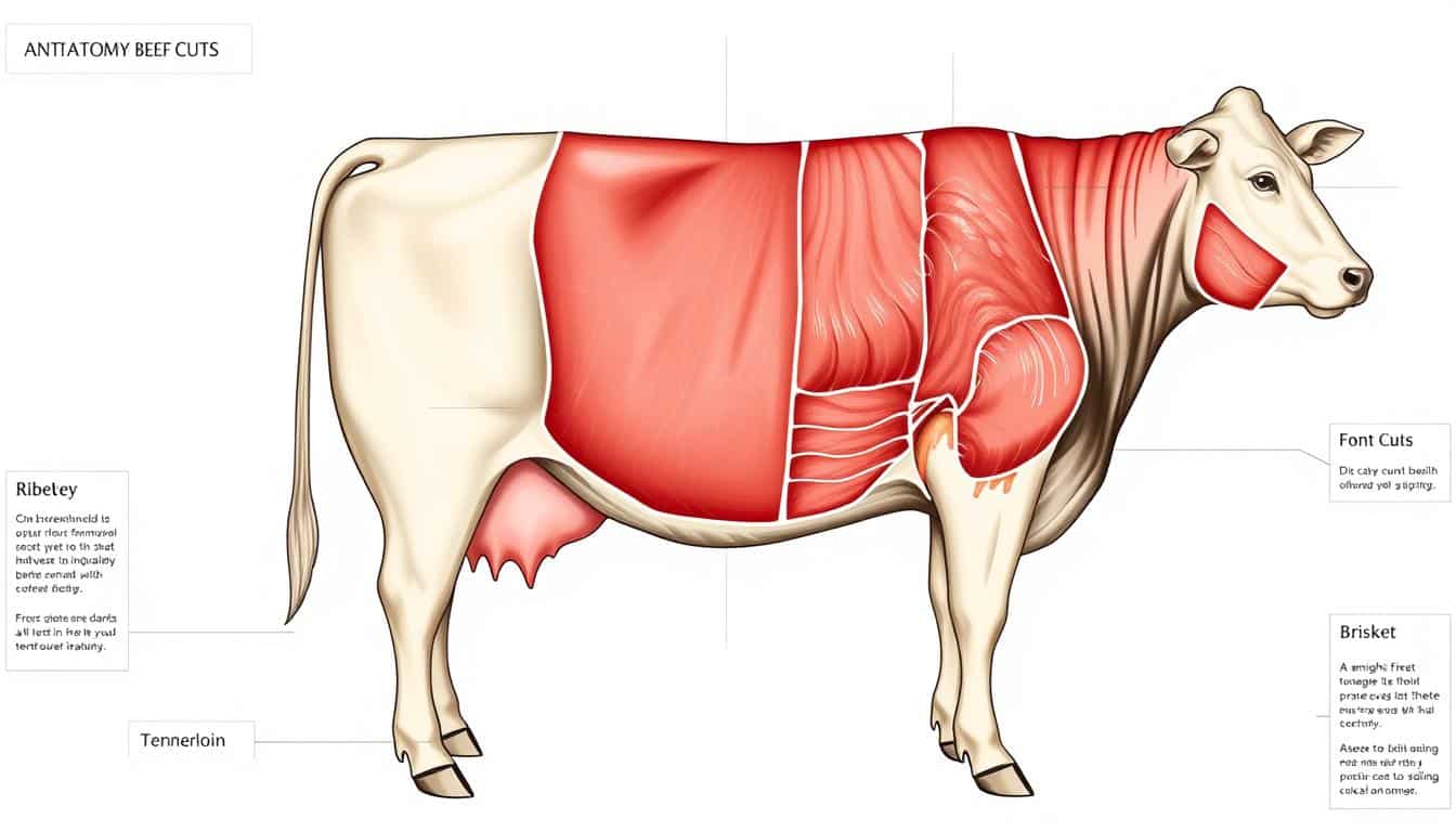 An anatomical diagram of a cow highlighting various beef cuts.