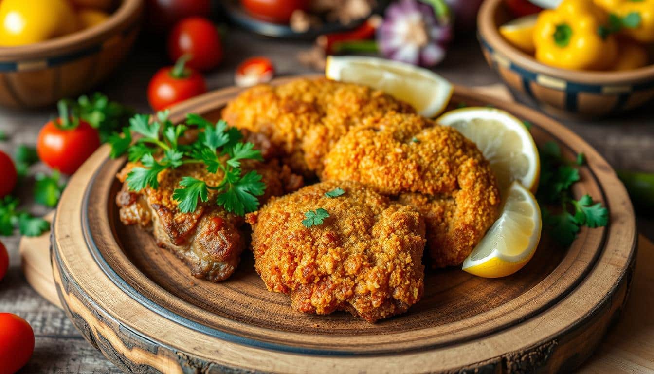 A wooden platter holds three golden-brown breaded cutlets with lemon wedges and fresh herbs, surrounded by colorful vegetables.