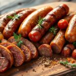 A wooden platter displaying a variety of sausages and cherry tomatoes garnished with herbs. beef sausage