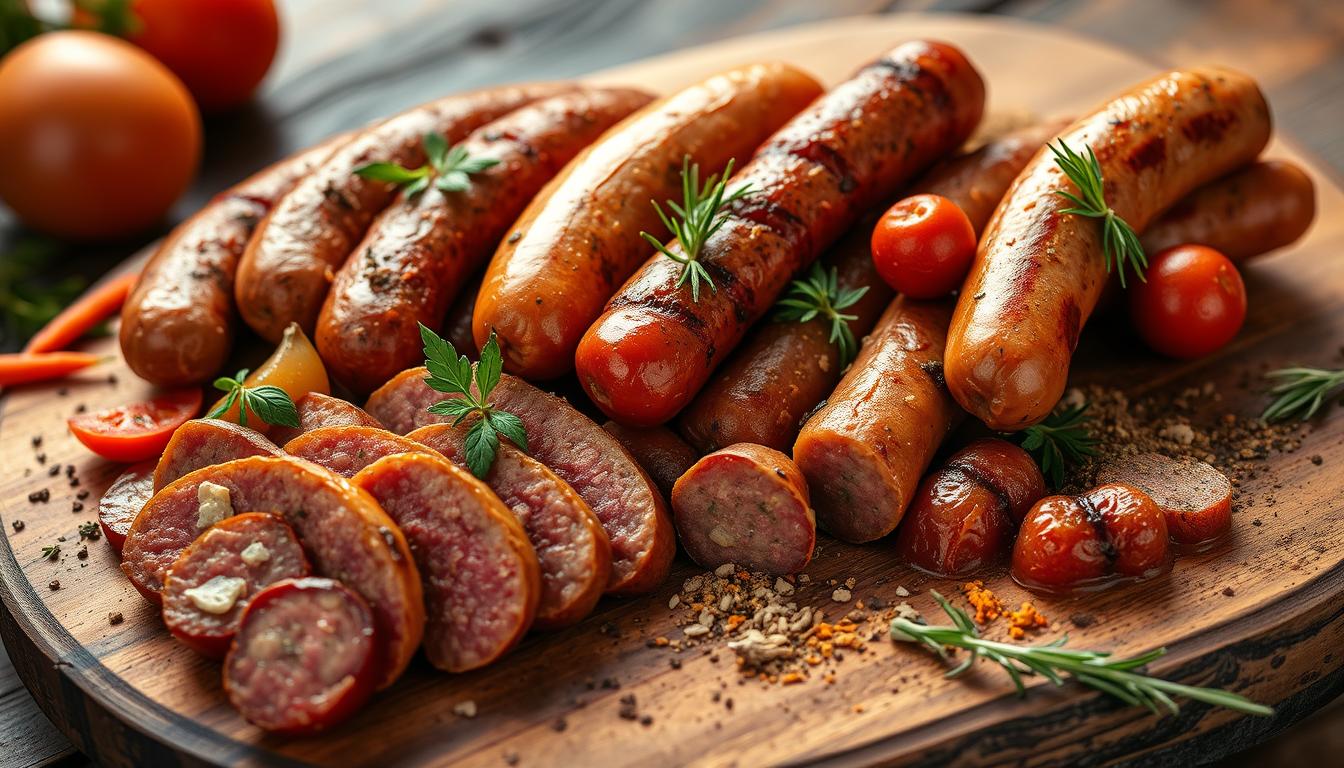 A wooden platter displaying a variety of sausages and cherry tomatoes garnished with herbs.