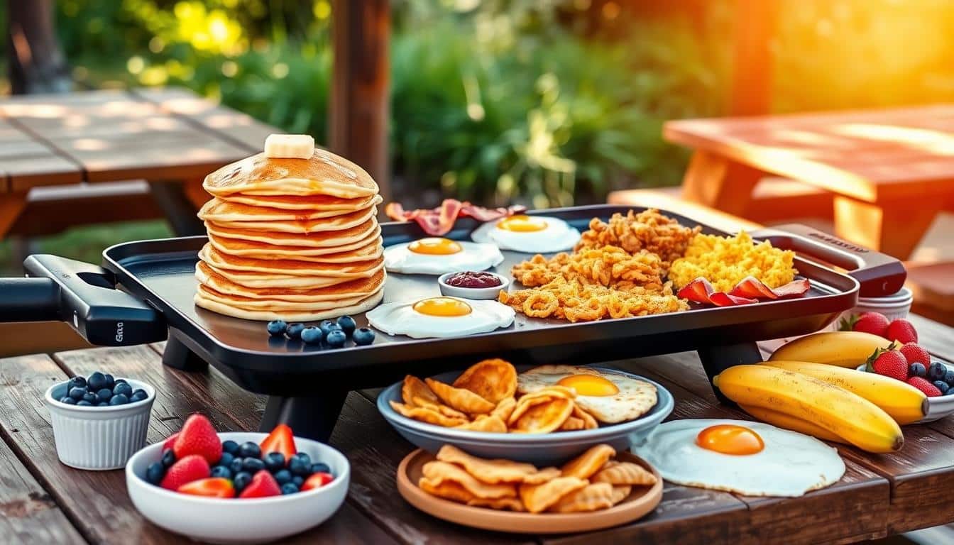 A delicious breakfast spread featuring pancakes, eggs, bacon, and fruits on a griddle outdoors.