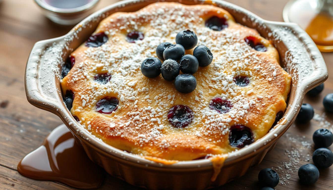 A freshly baked blueberry casserole topped with powdered sugar and blueberries.