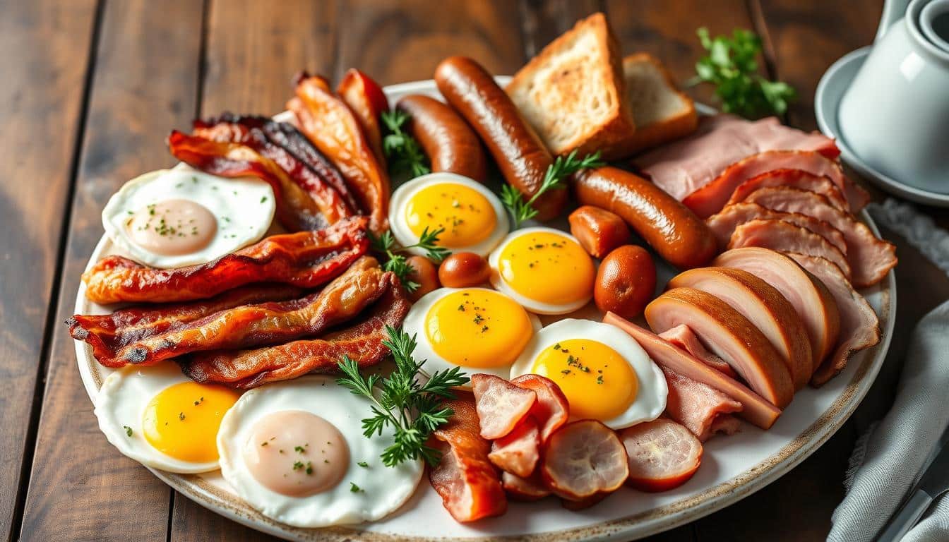 A hearty breakfast plate featuring eggs, bacon, sausages, and sliced meats on a wooden table.