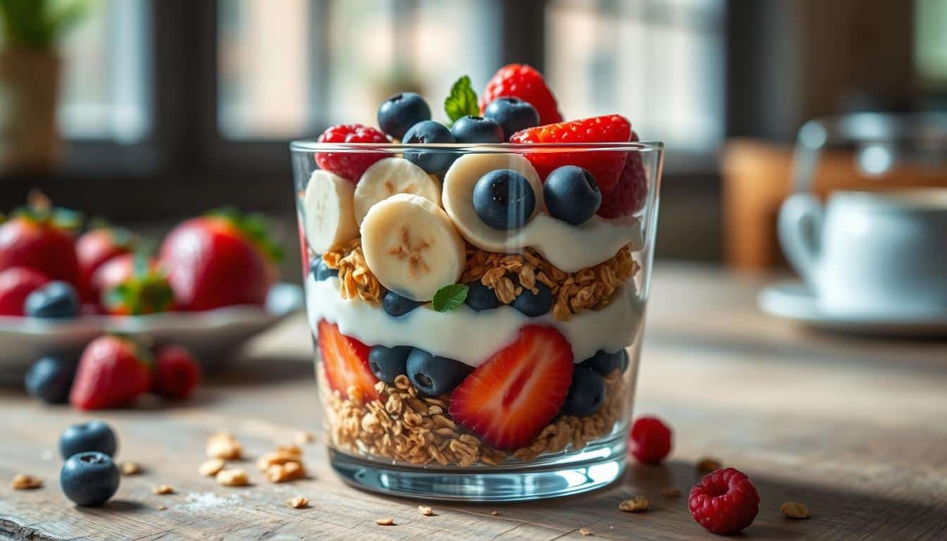 A parfait layered with yogurt, granola, and fresh fruits in a glass cup.