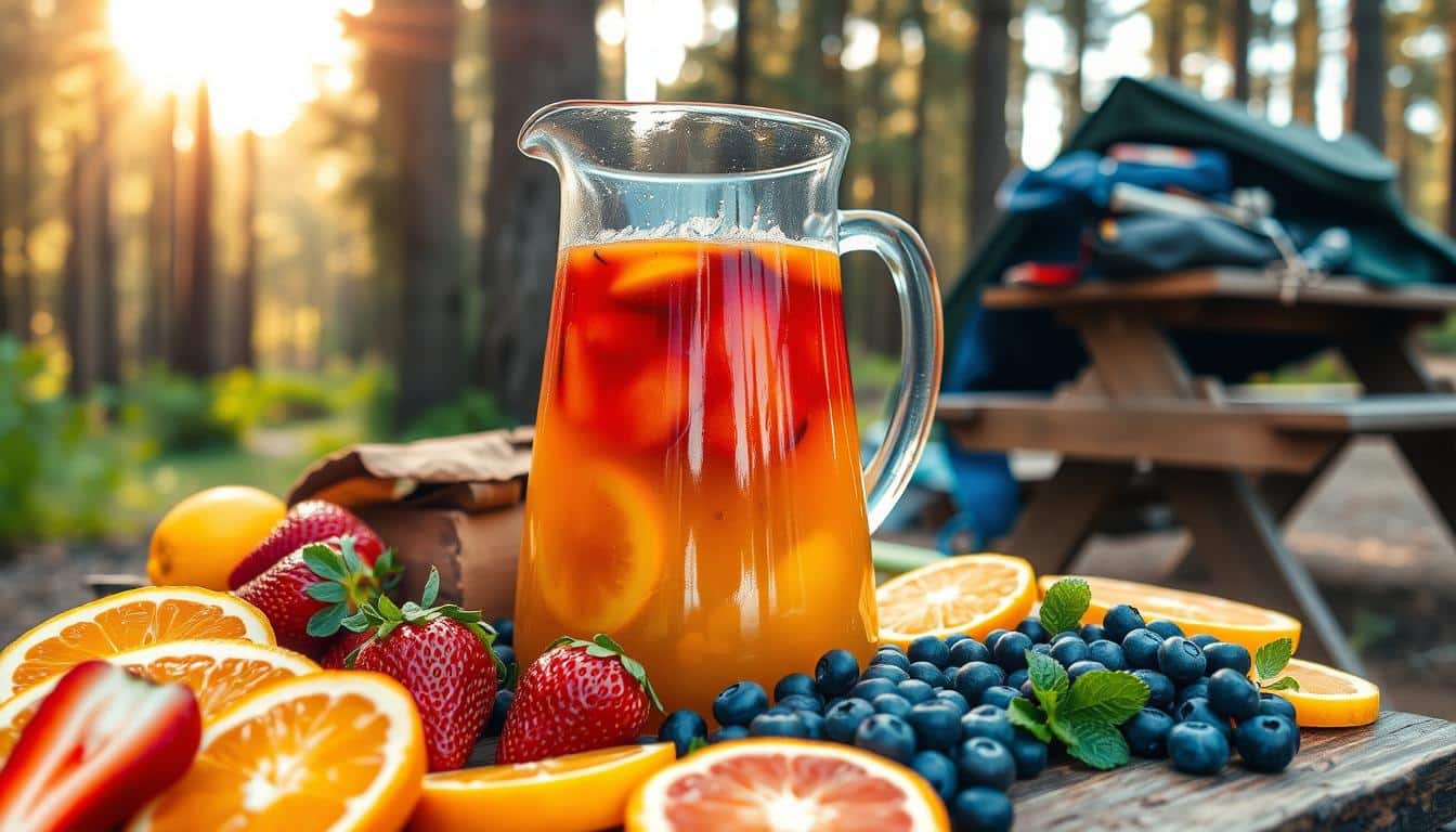 A pitcher of colorful fruit drink surrounded by fresh fruits in a forest setting during sunset.