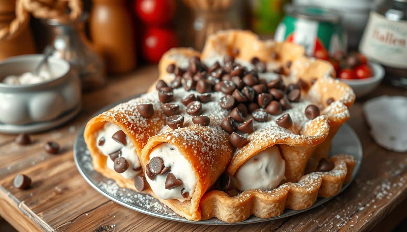 A plate of cannoli filled with creamy filling and topped with chocolate chips and powdered sugar.