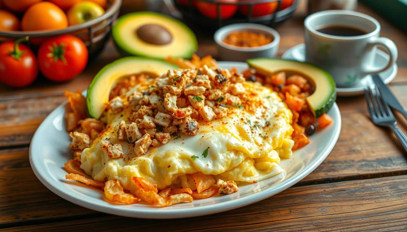 A delicious breakfast plate featuring scrambled eggs topped with seasoned chicken, avocado, and a side of coffee.