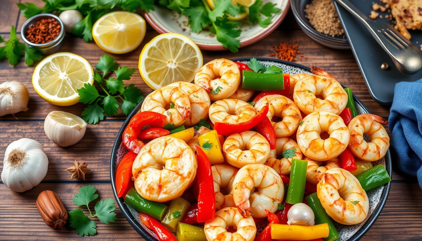 A vibrant dish of shrimp stir-fried with colorful bell peppers and garnished with herbs, accompanied by fresh lemon and garlic on a wooden table.