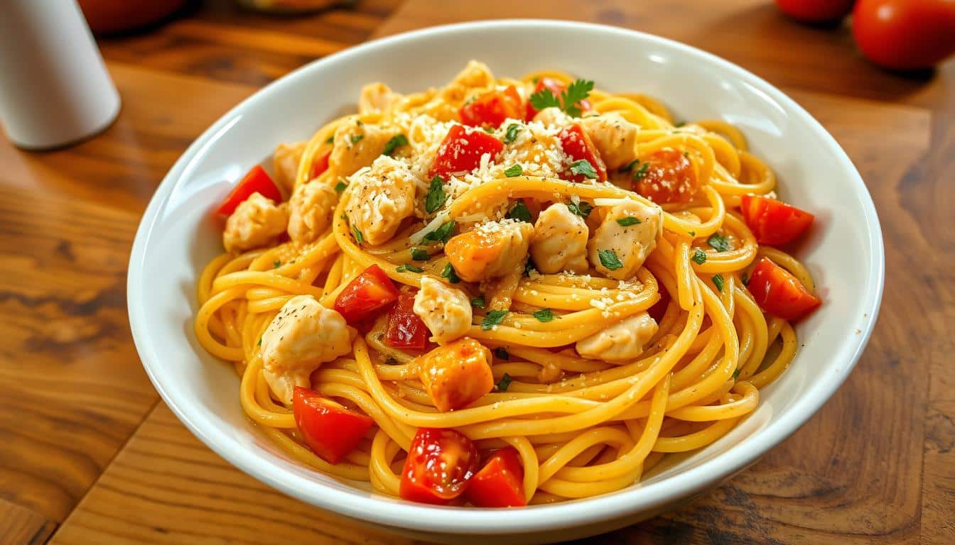 A bowl of spaghetti with chicken and cherry tomatoes garnished with parsley and cheese.