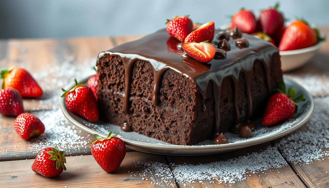 A chocolate cake topped with strawberries and chocolate drizzle on a wooden table.