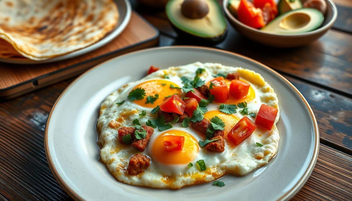 A plate of fried eggs topped with tomatoes and cilantro, accompanied by a tortilla and sliced avocados in the background.