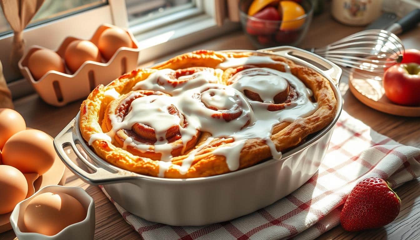 A freshly baked cinnamon roll dish with icing, eggs, and fresh fruit on a kitchen table.