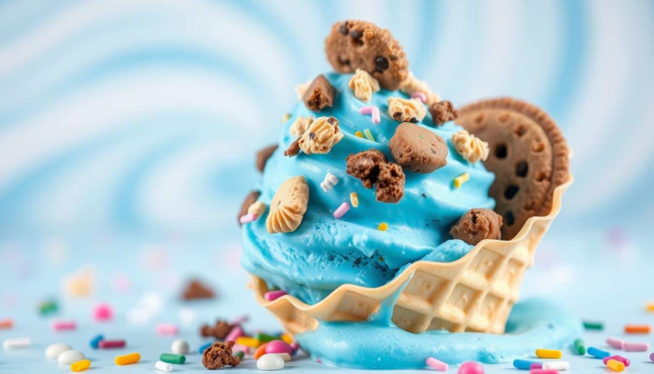 A vibrant blue ice cream cone topped with cookie pieces and sprinkles.