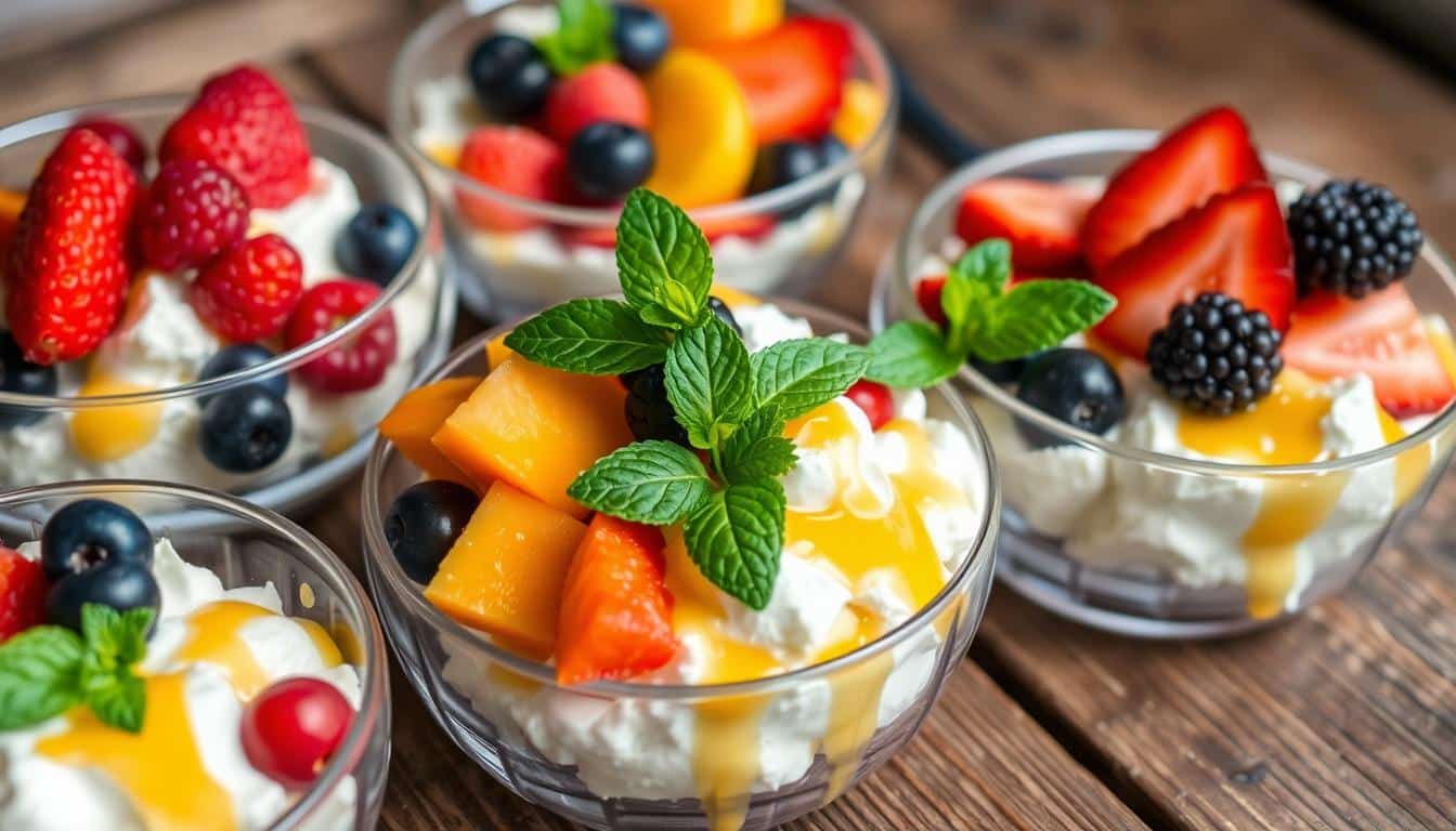 A variety of fruit parfaits with whipped cream and fresh fruits in clear bowls on a wooden surface.