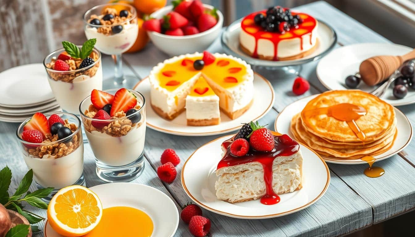 A colorful spread of desserts and breakfast items featuring fruits, cheesecakes, pancakes, and yogurt parfaits.