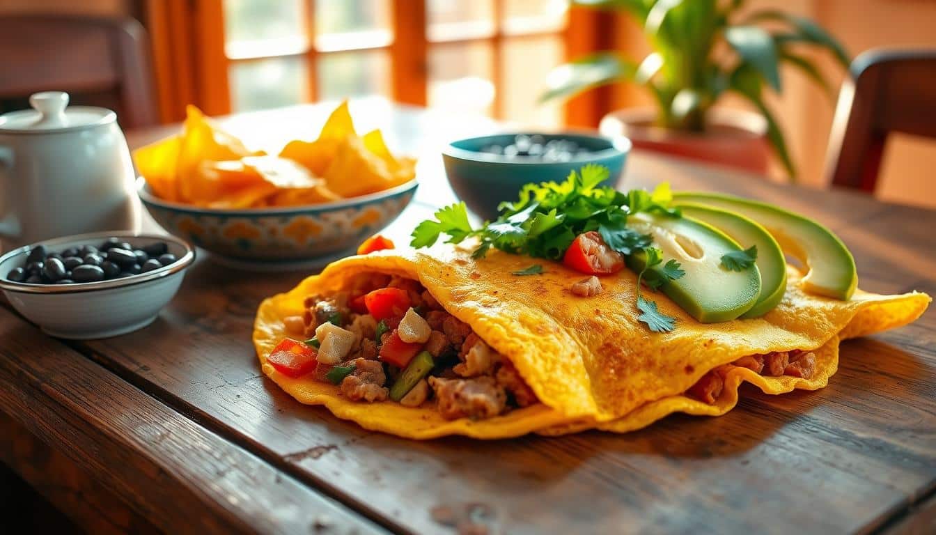 A vibrant omelet filled with vegetables and served alongside chips and beans.