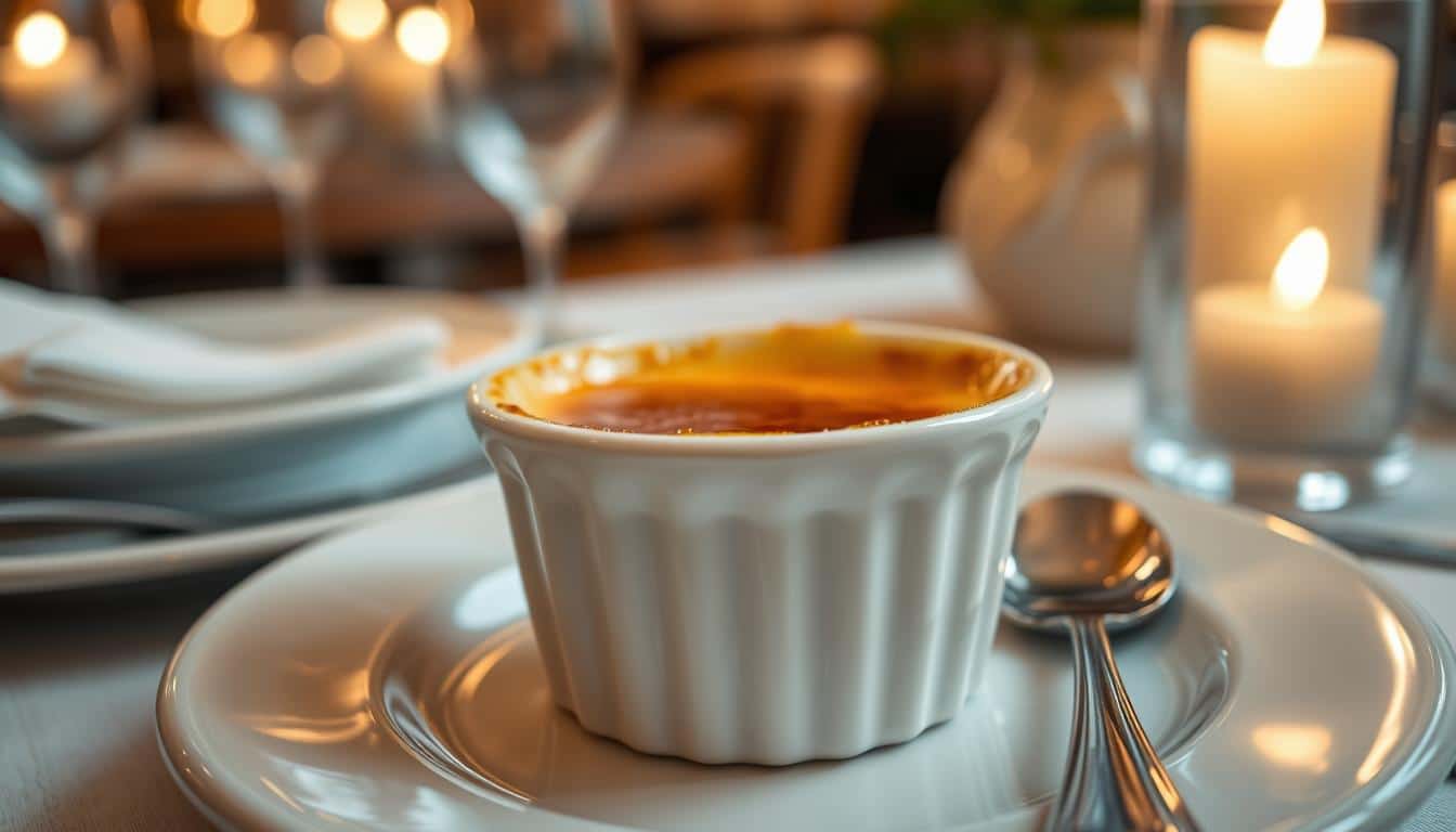 A small white dish filled with a creamy dessert sits on a plate next to a spoon, with candles softly glowing in the background.