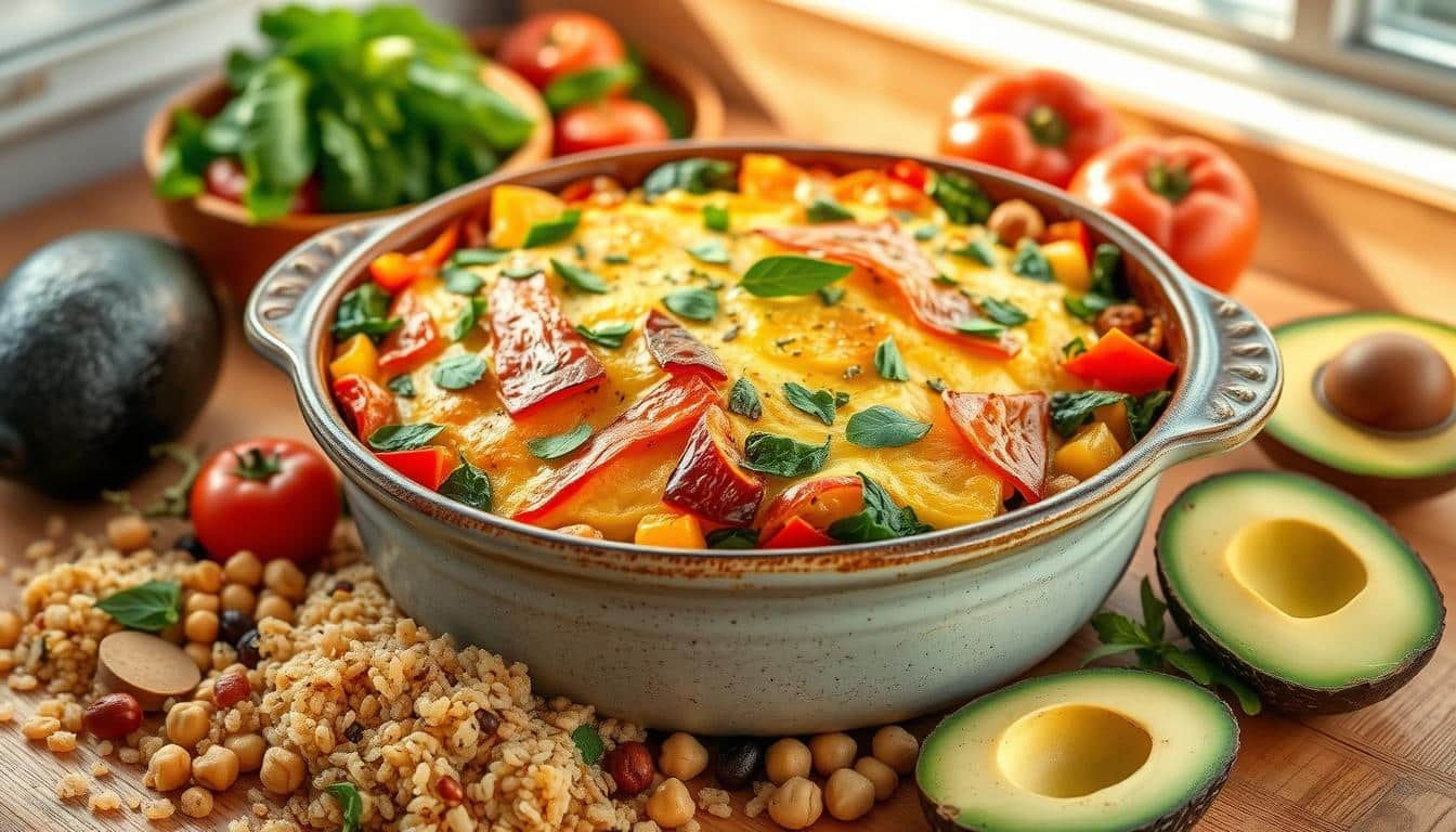 A colorful vegetable casserole with fresh ingredients displayed on a wooden surface.