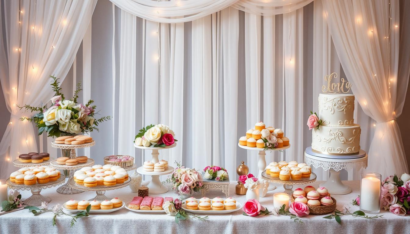 A beautifully arranged dessert table featuring various cakes and cupcakes against a soft, draped backdrop with fairy lights.